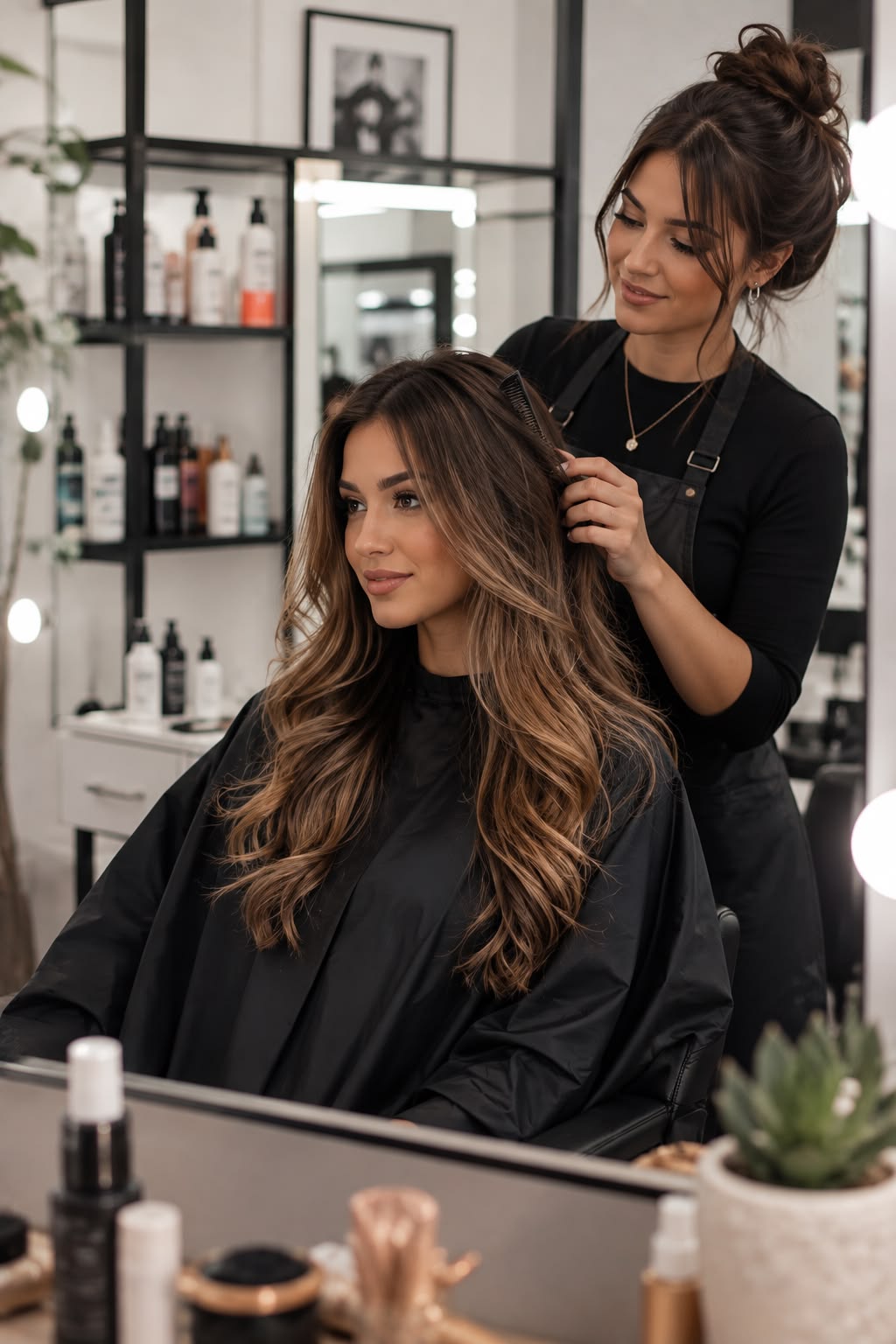 Profissional finalizando o penteado de uma cliente no Studio Plume